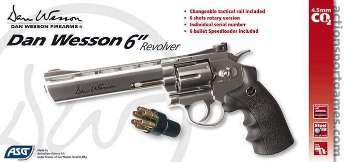 Пневматический револьвер ASG Dan Wesson 6 дюймов, никель, цельнометаллический, 16559